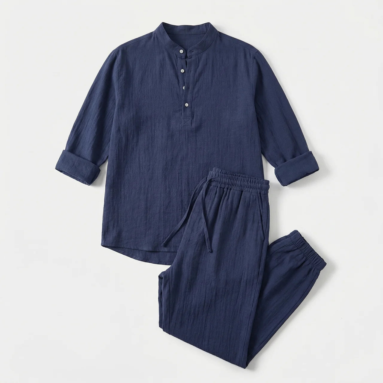 Birchbourne - Men’s Linen Stand Collar Half Button Top and Drawstring Pants Set