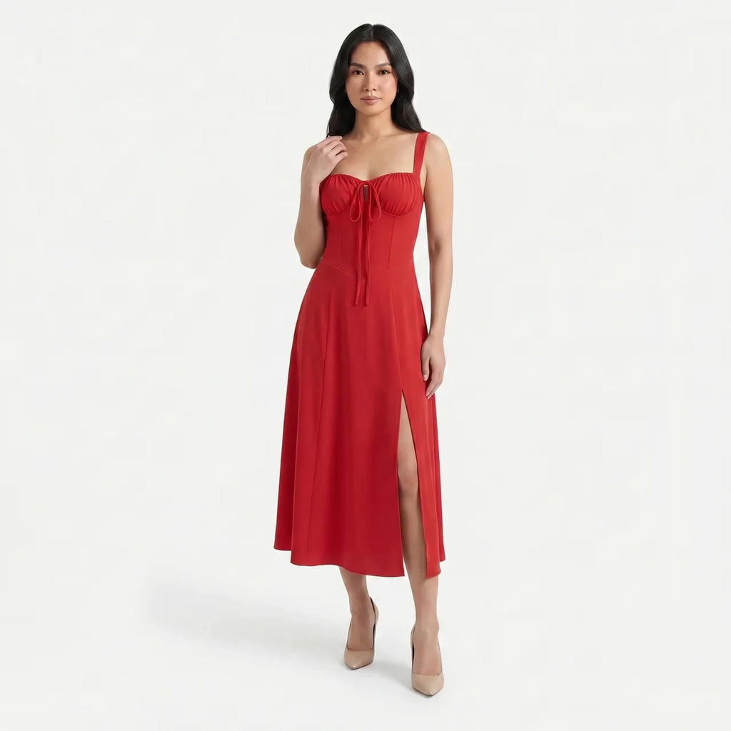 Women's Corset Tie Front Midi Dress with Split