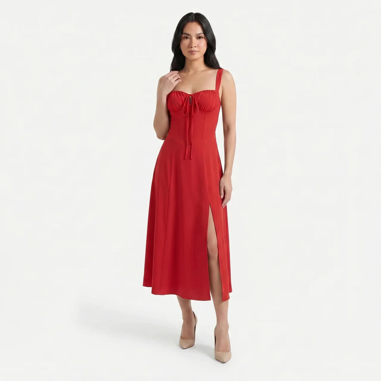 Women's Corset Tie Front Midi Dress with Split