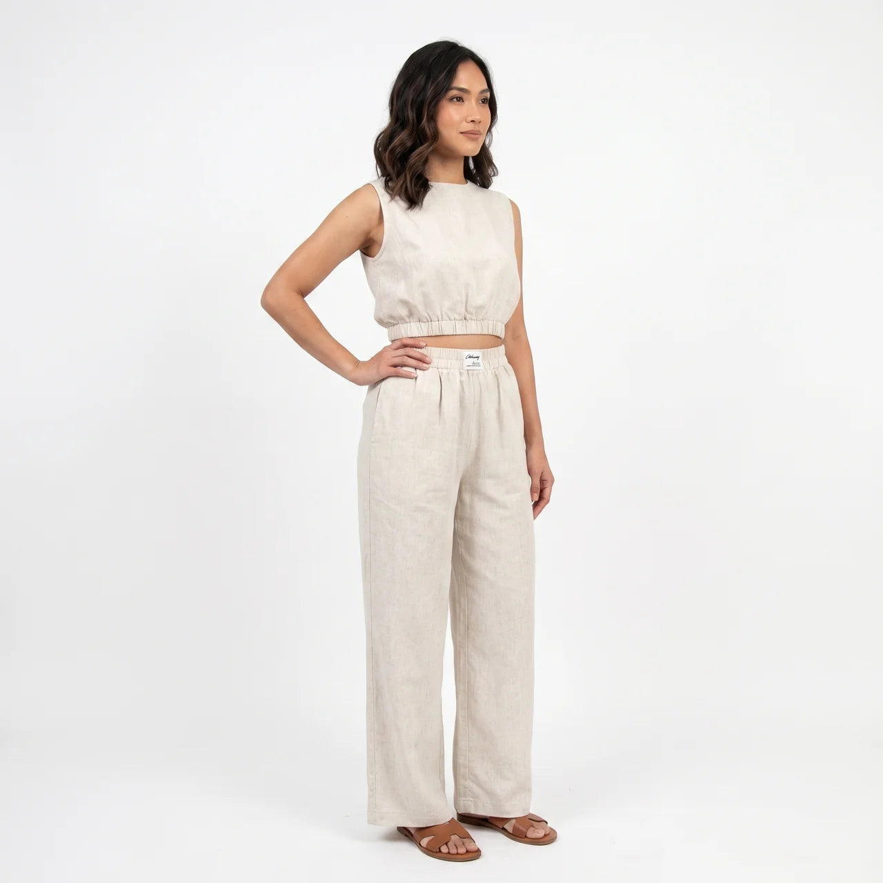 Women's Linen Sleeveless Top and Wide Leg Trousers Two Piece Set