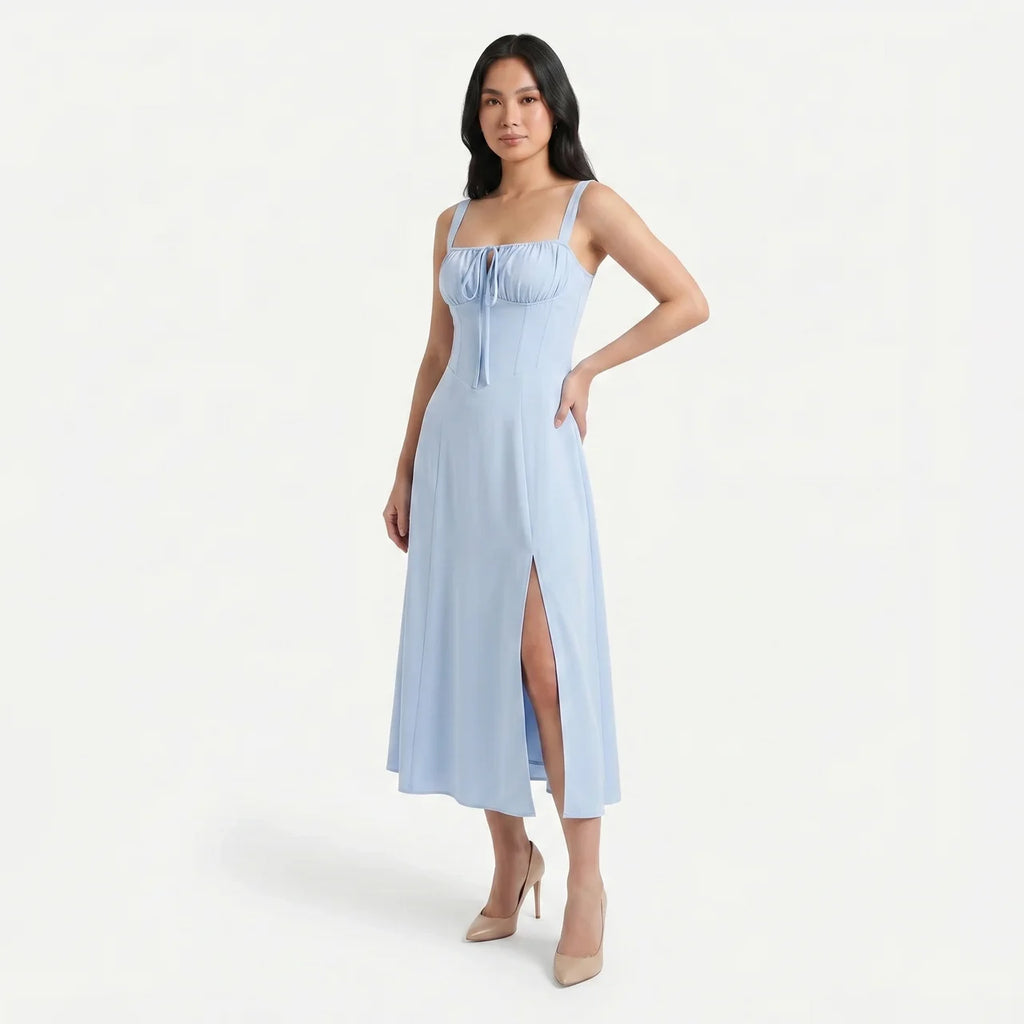 Women's Corset Tie Front Midi Dress with Split