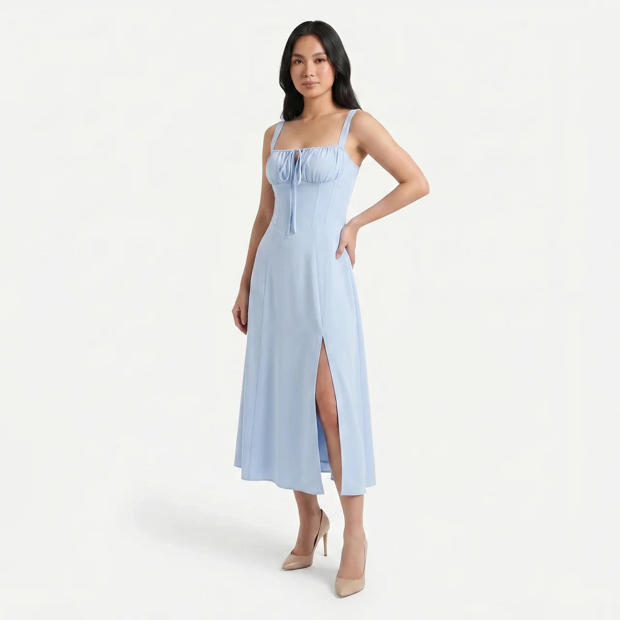 Women's Corset Tie Front Midi Dress with Split