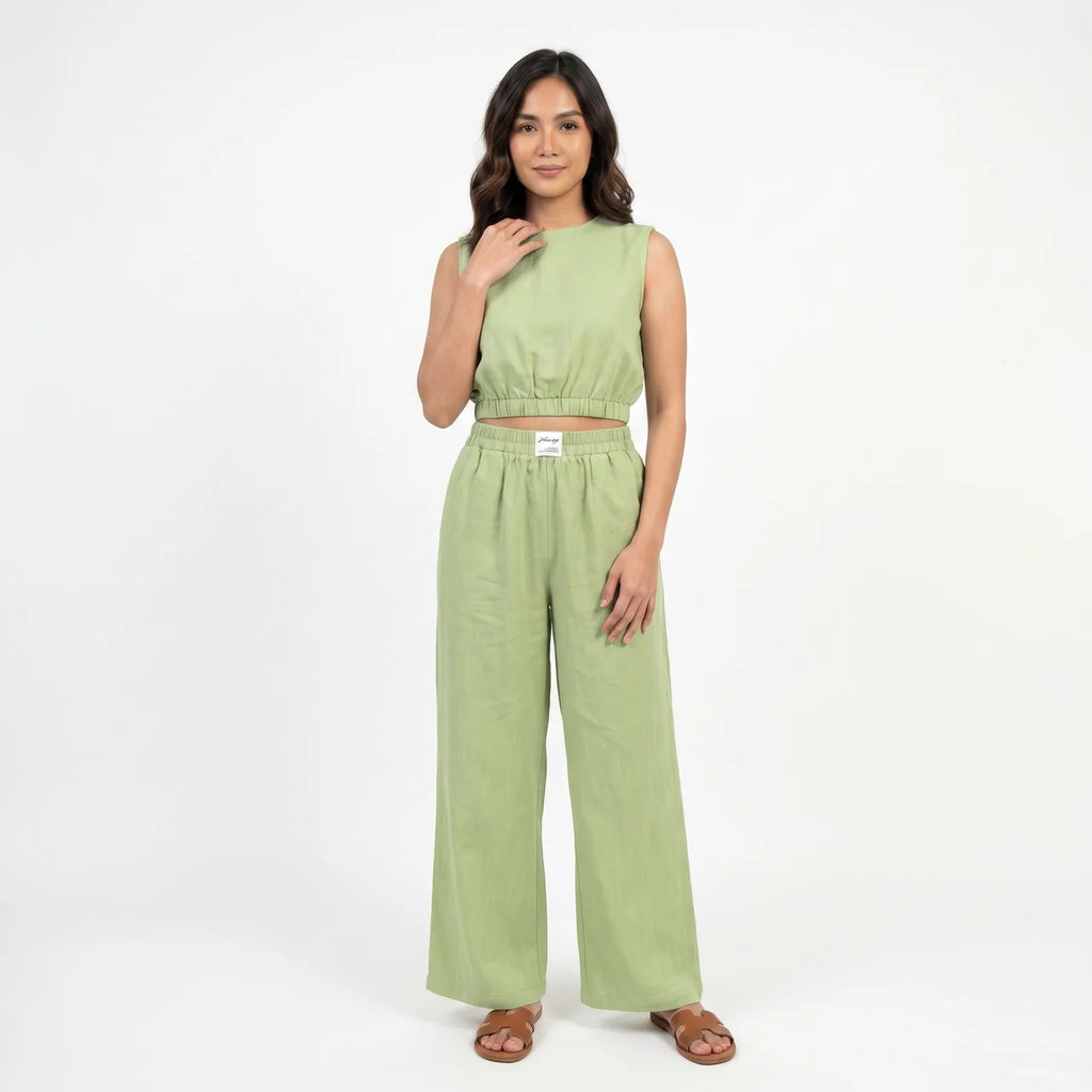 Women's Linen Sleeveless Top and Wide Leg Trousers Two Piece Set