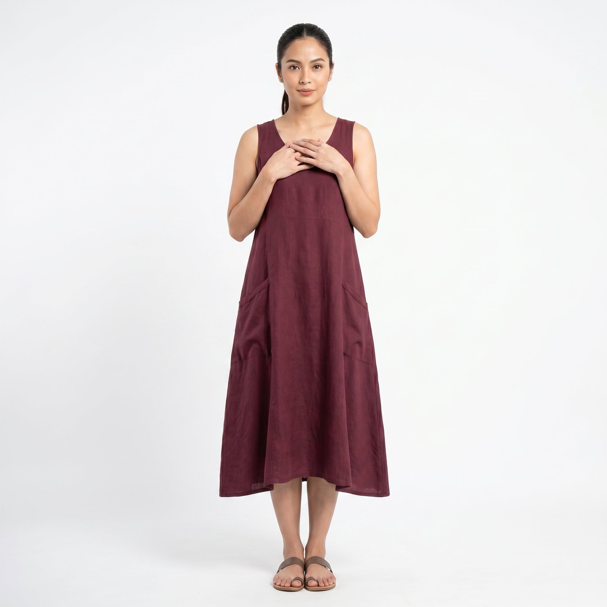 Women's Sleeveless A-Line Midi Dress with Pockets