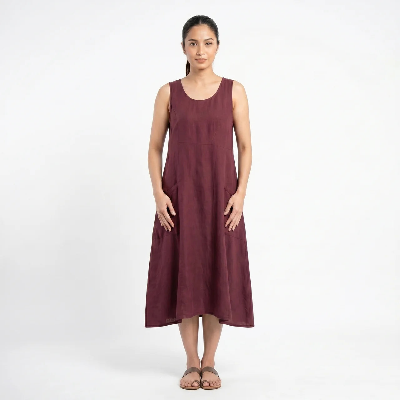 Women's Sleeveless A-Line Midi Dress with Pockets