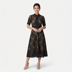 Women’s Elegant Lace Midi Dress – High Neck Silhouette with Refined Cutwork Detail
