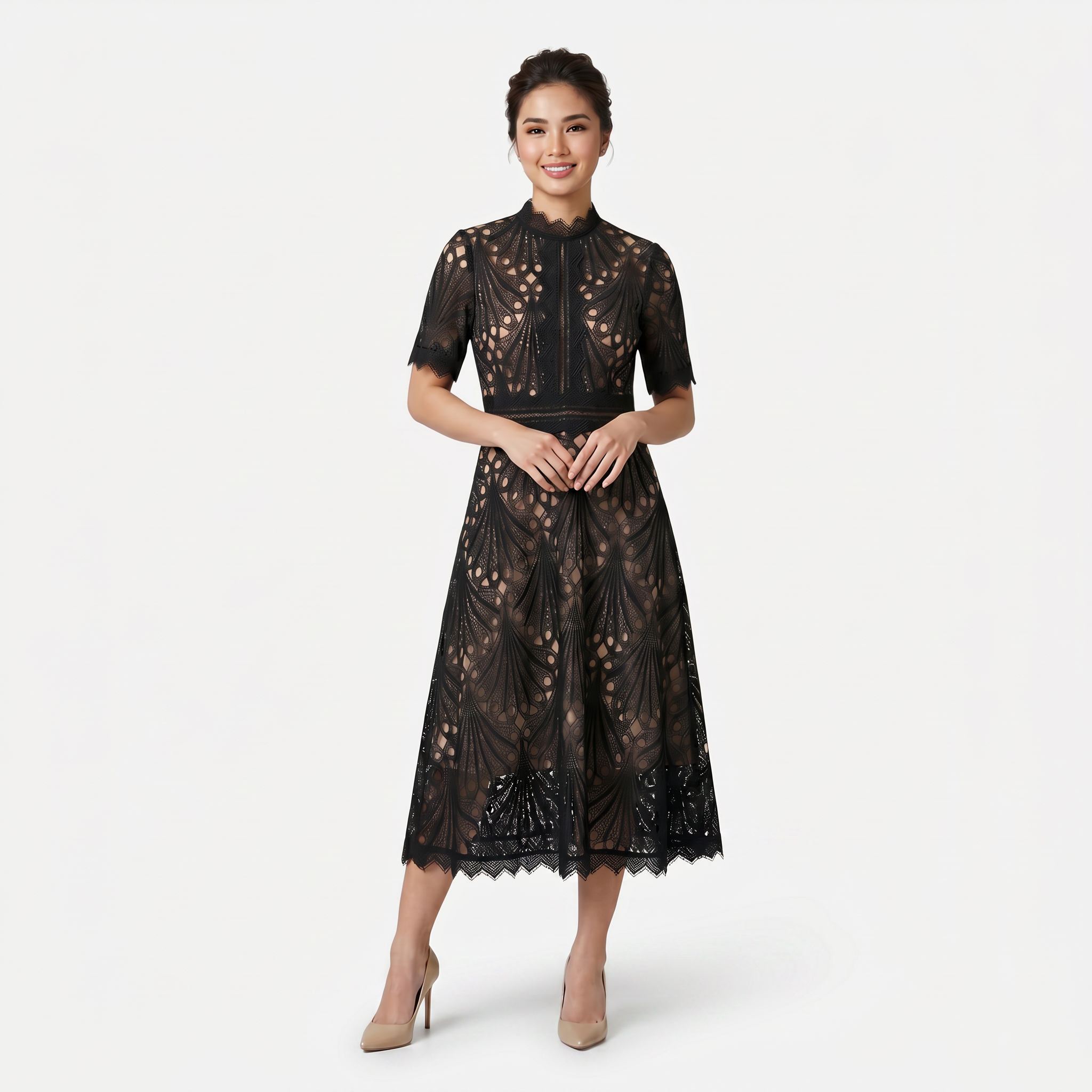 Women’s Elegant Lace Midi Dress – High Neck Silhouette with Refined Cutwork Detail
