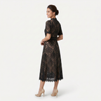 Women’s Elegant Lace Midi Dress – High Neck Silhouette with Refined Cutwork Detail