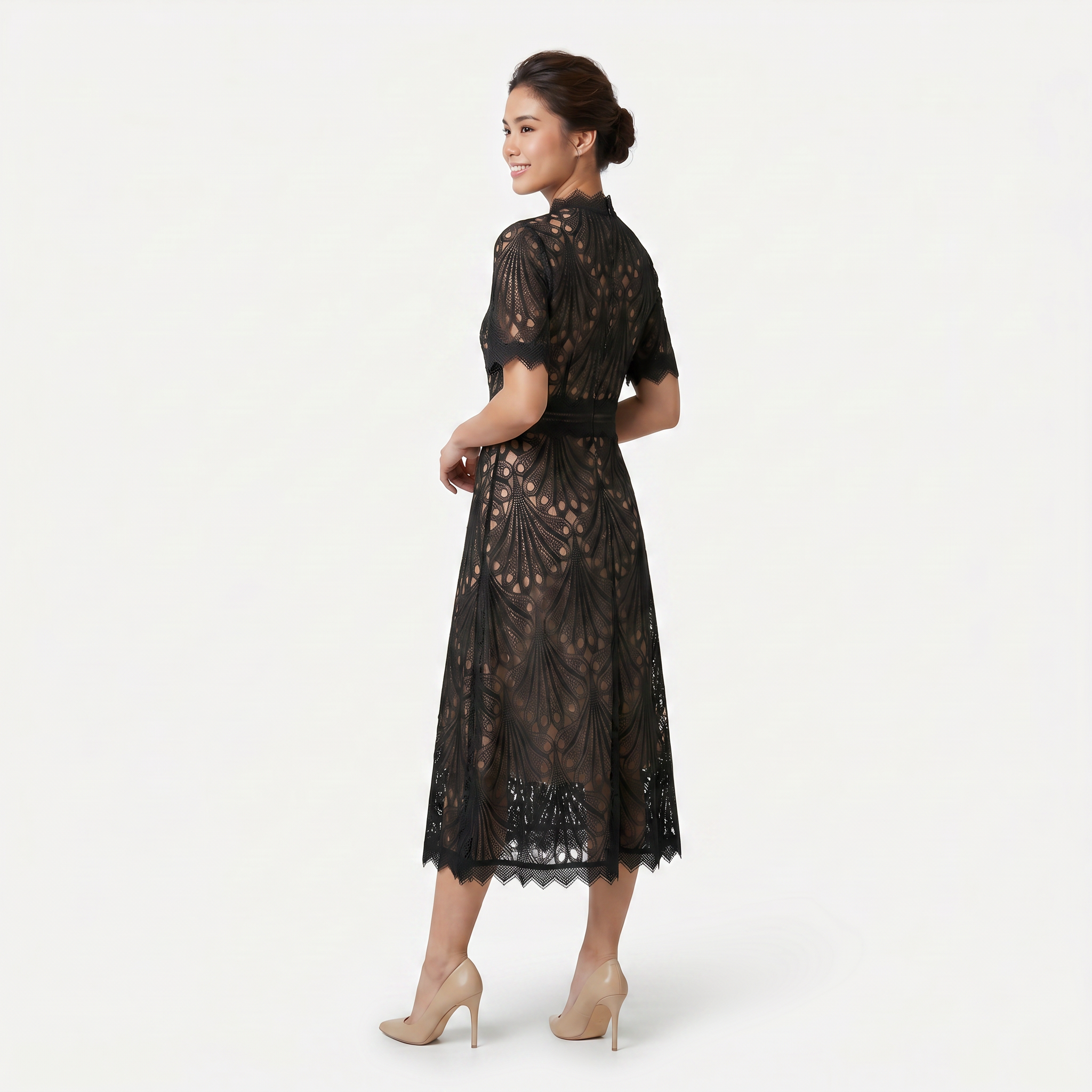Women’s Elegant Lace Midi Dress – High Neck Silhouette with Refined Cutwork Detail