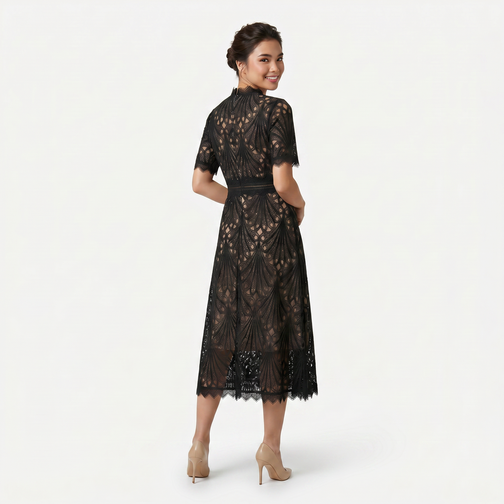 Women’s Elegant Lace Midi Dress – High Neck Silhouette with Refined Cutwork Detail