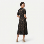 Women’s Elegant Lace Midi Dress – High Neck Silhouette with Refined Cutwork Detail