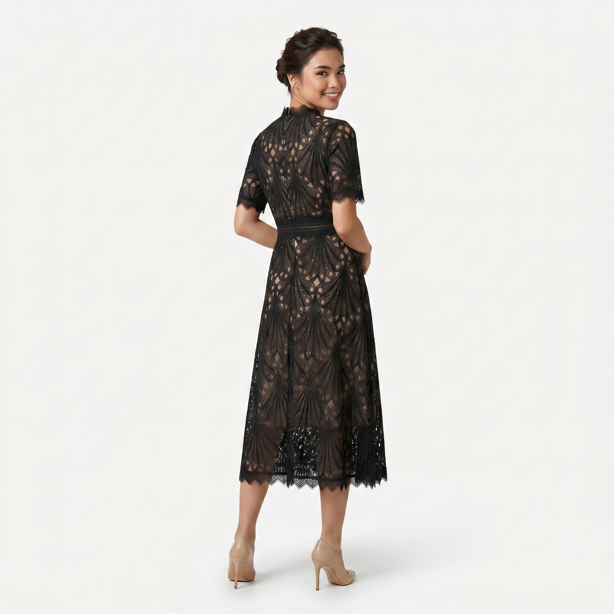 Women’s Elegant Lace Midi Dress – High Neck Silhouette with Refined Cutwork Detail