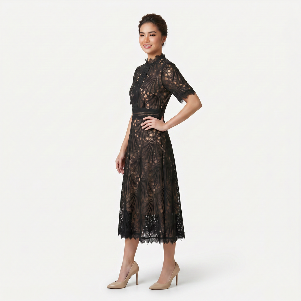 Women’s Elegant Lace Midi Dress – High Neck Silhouette with Refined Cutwork Detail