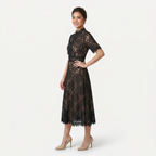 Women’s Elegant Lace Midi Dress – High Neck Silhouette with Refined Cutwork Detail