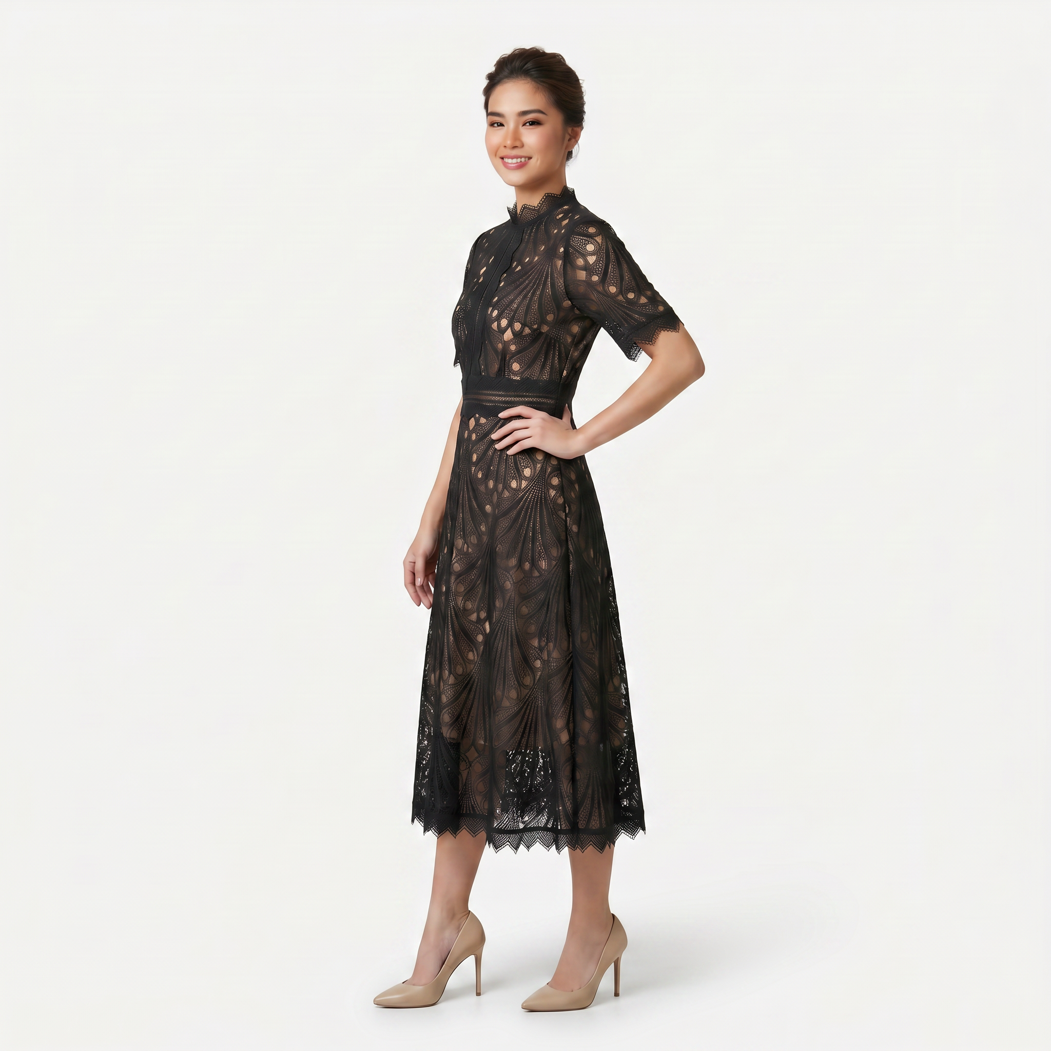 Women’s Elegant Lace Midi Dress – High Neck Silhouette with Refined Cutwork Detail