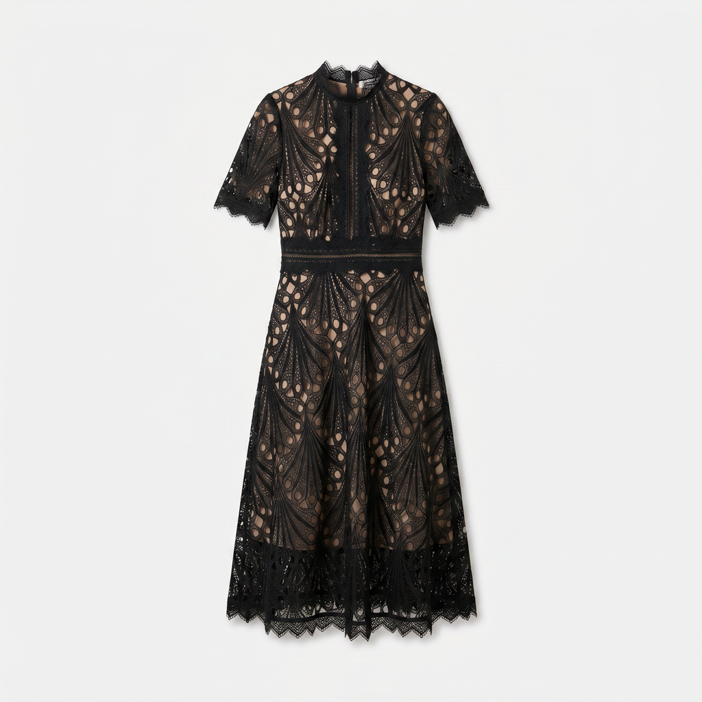 Women’s Elegant Lace Midi Dress – High Neck Silhouette with Refined Cutwork Detail