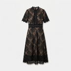 Women’s Elegant Lace Midi Dress – High Neck Silhouette with Refined Cutwork Detail