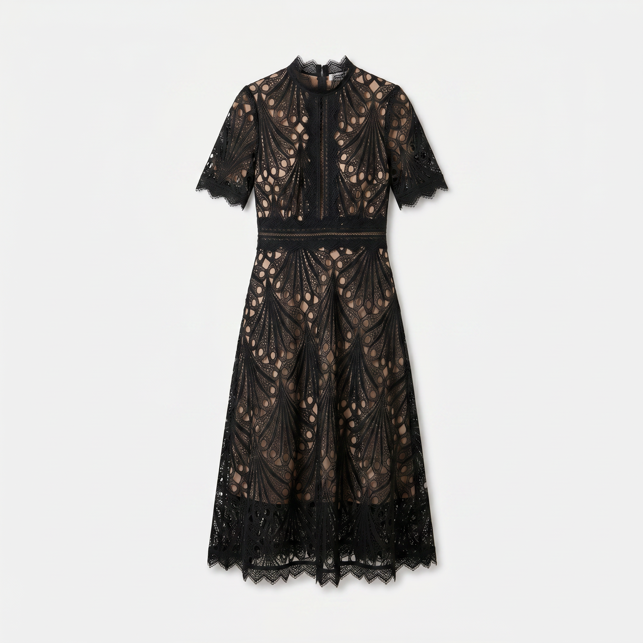 Women’s Elegant Lace Midi Dress – High Neck Silhouette with Refined Cutwork Detail