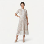 Women’s Elegant Lace Midi Dress – High Neck Silhouette with Refined Cutwork Detail