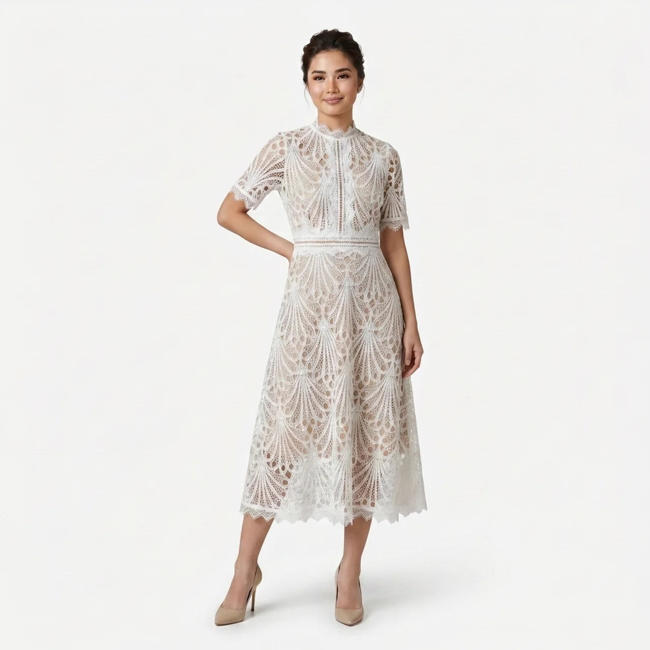 Women’s Elegant Lace Midi Dress – High Neck Silhouette with Refined Cutwork Detail