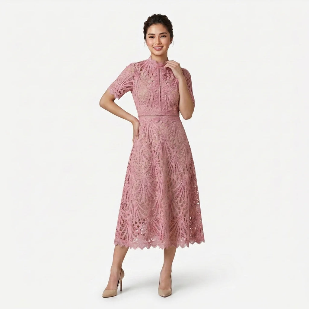 Women’s Elegant Lace Midi Dress – High Neck Silhouette with Refined Cutwork Detail
