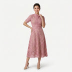 Women’s Elegant Lace Midi Dress – High Neck Silhouette with Refined Cutwork Detail