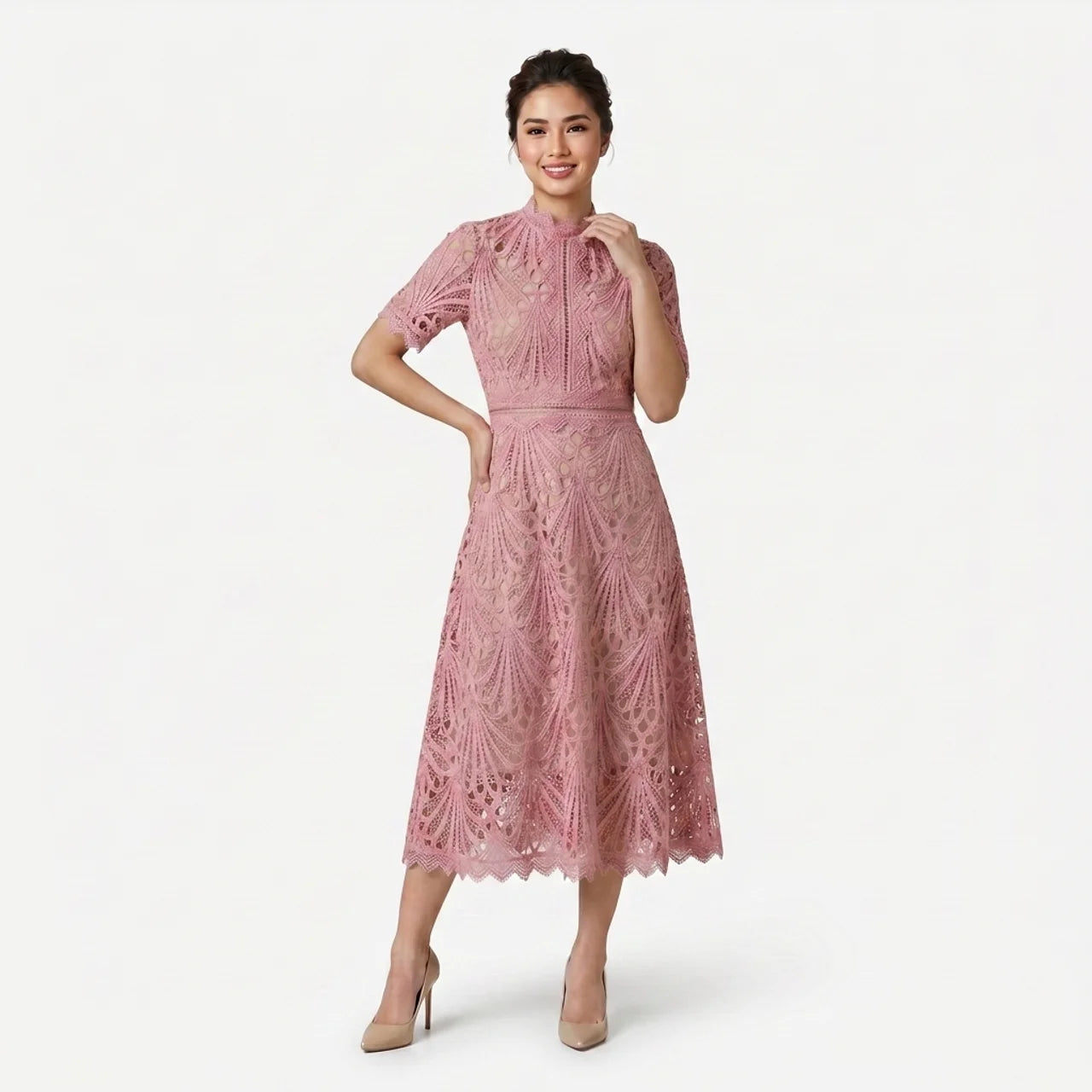 Women’s Elegant Lace Midi Dress – High Neck Silhouette with Refined Cutwork Detail