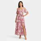 Women's Floral Off Shoulder Wrap Maxi Dress with Split