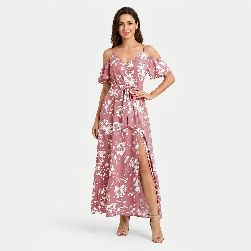 Women's Floral Off Shoulder Wrap Maxi Dress with Split