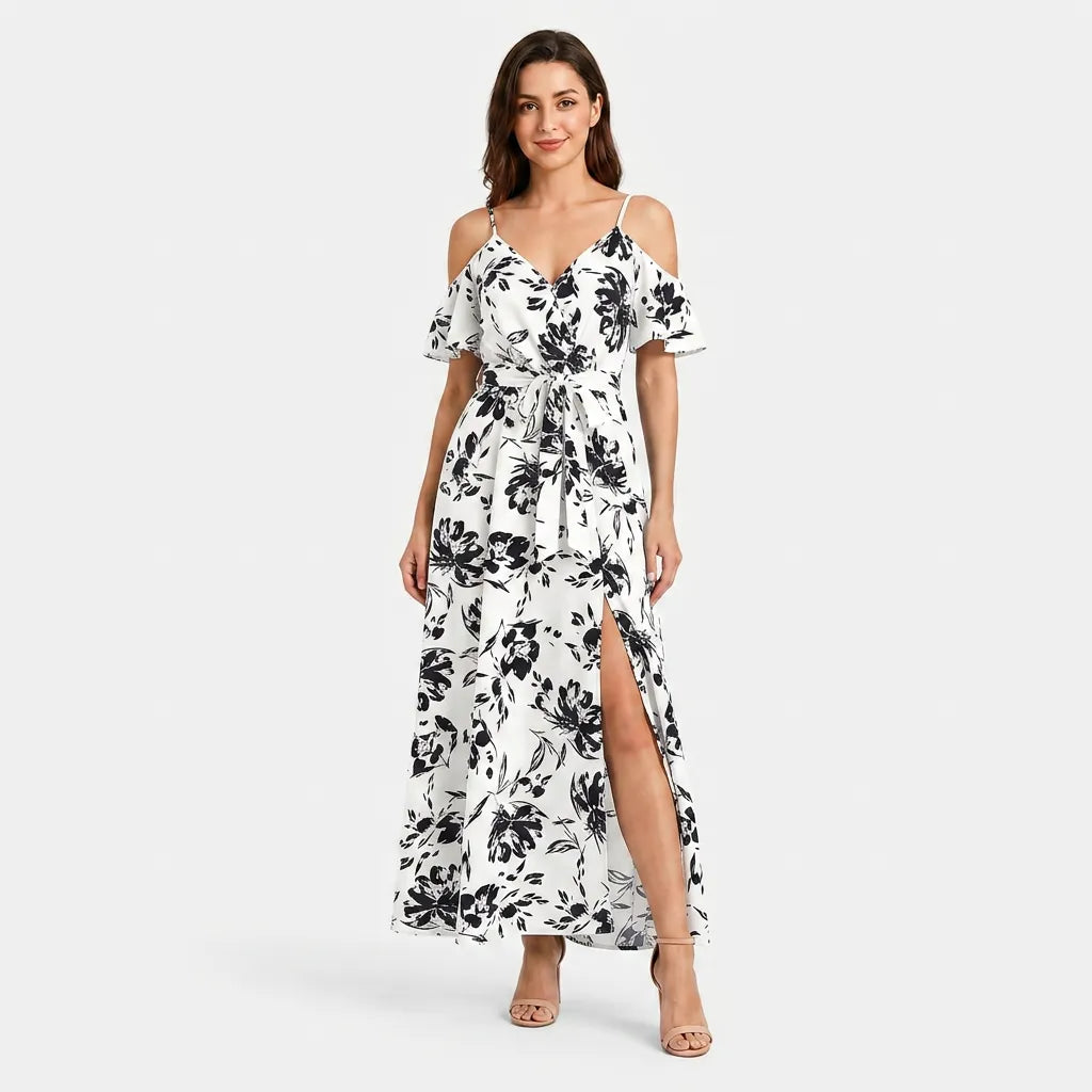 Women's Floral Off Shoulder Wrap Maxi Dress with Split