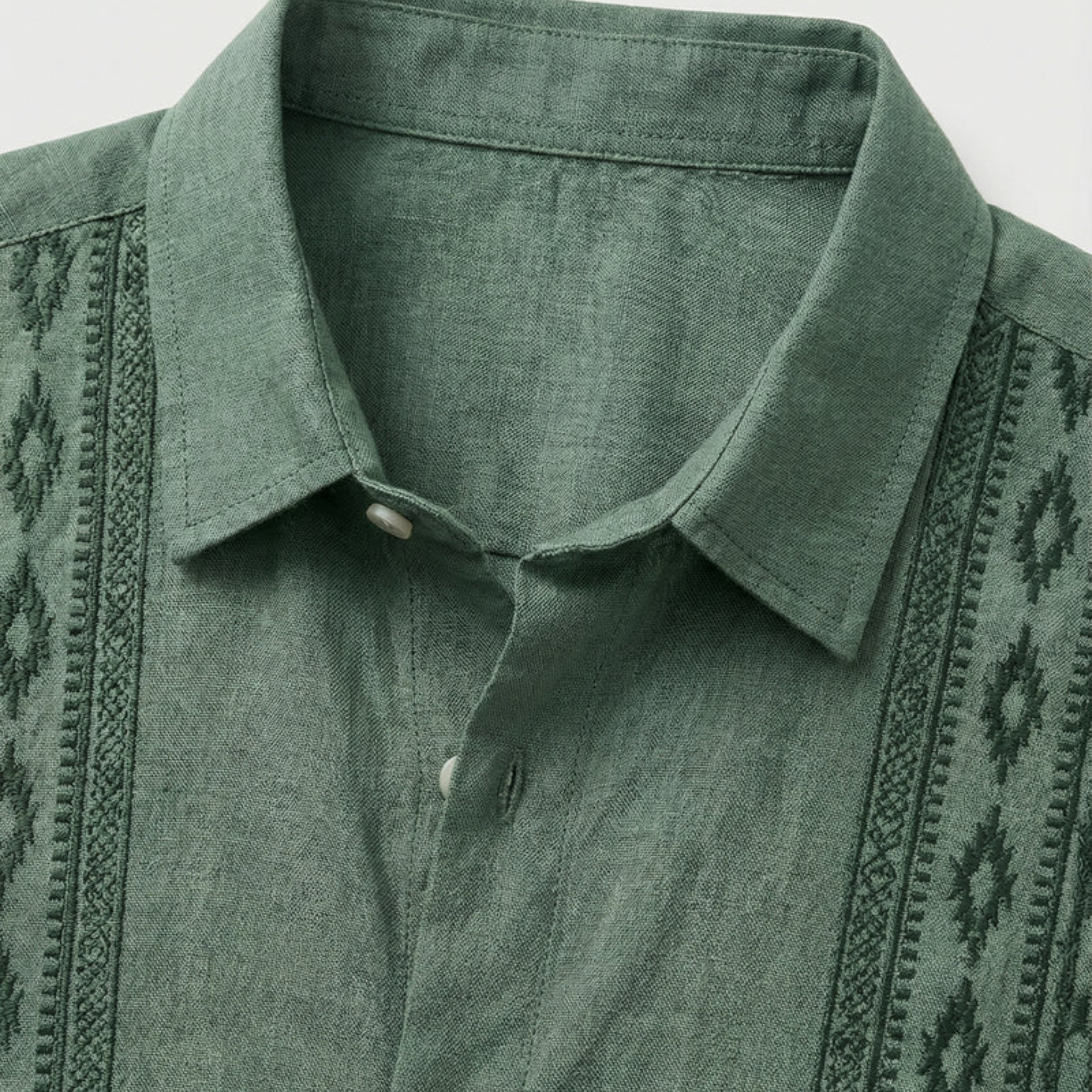 Men's Green Embroidered Shirt - Short Sleeve Aztec Print Button Up Summer Shirt