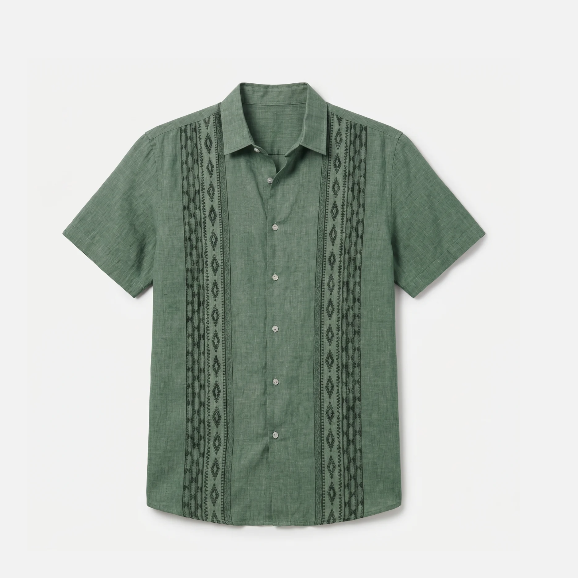 Men's Green Embroidered Shirt - Short Sleeve Aztec Print Button Up Summer Shirt